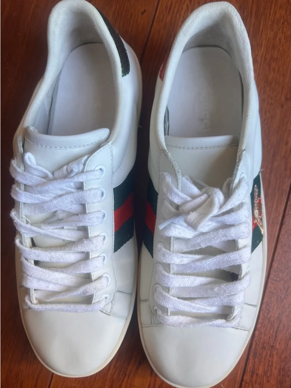 Gucci White Leather Low-Top Sneakers with Green and Red Web and Gold Bee - Picture 3 of 6